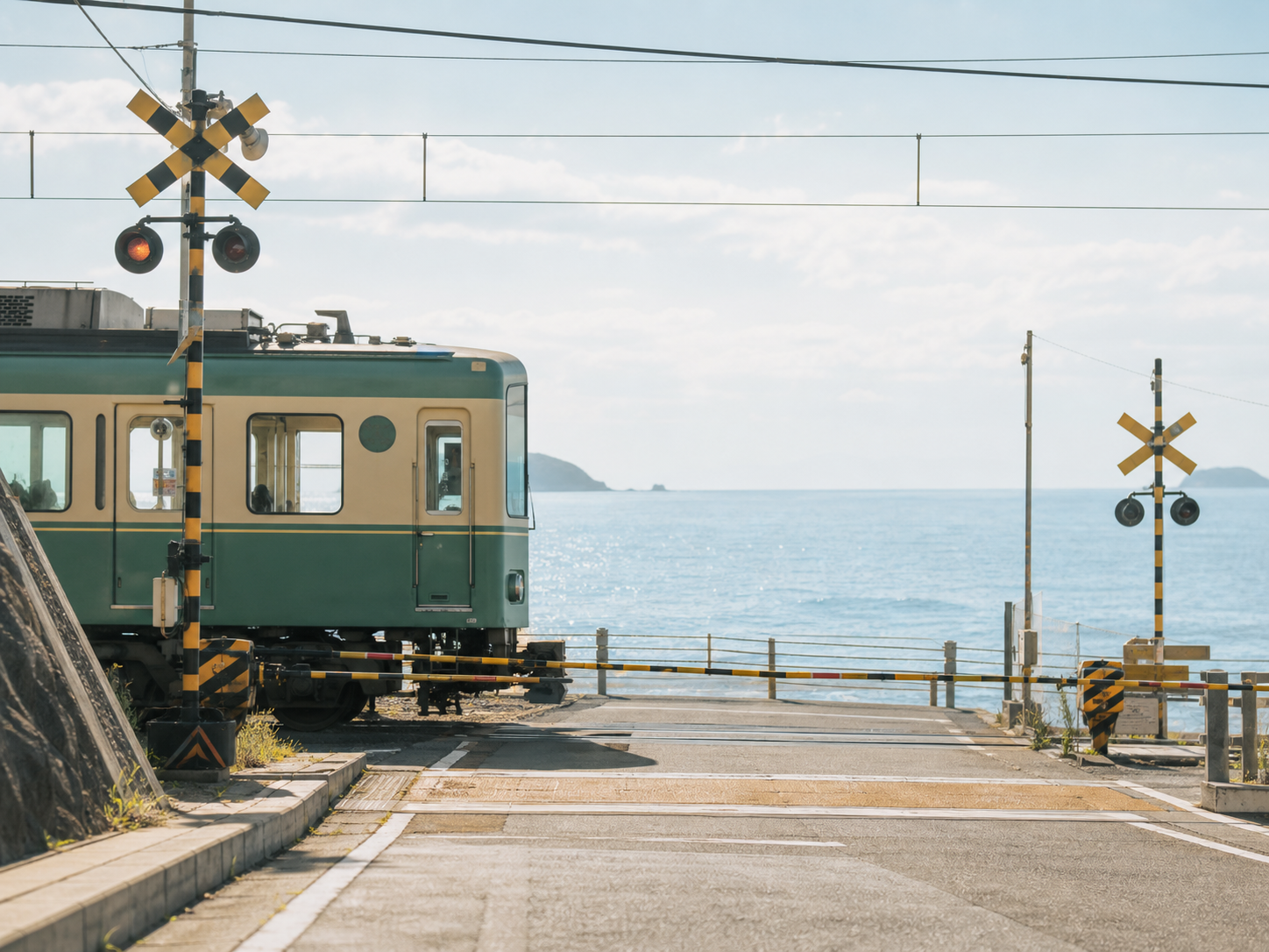 驶过海边的绿色列车
